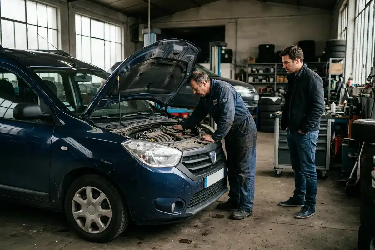 Un mécanicien contrôle le moteur à froid d’un Dacia Dokker d’occasion avant l’achat.
