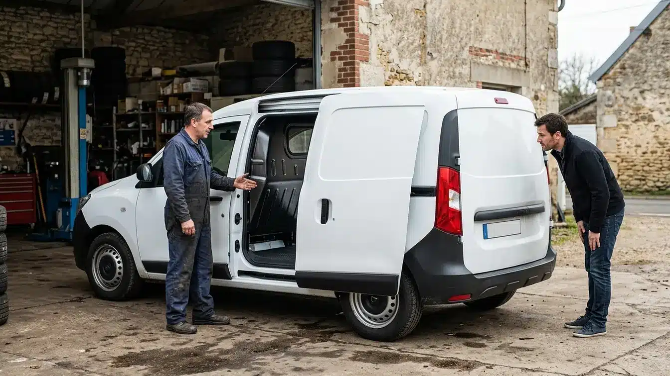 Dacia Dokker d’occasion inspecté dans un garage, avec sa porte coulissante ouverte sur le grand coffre.