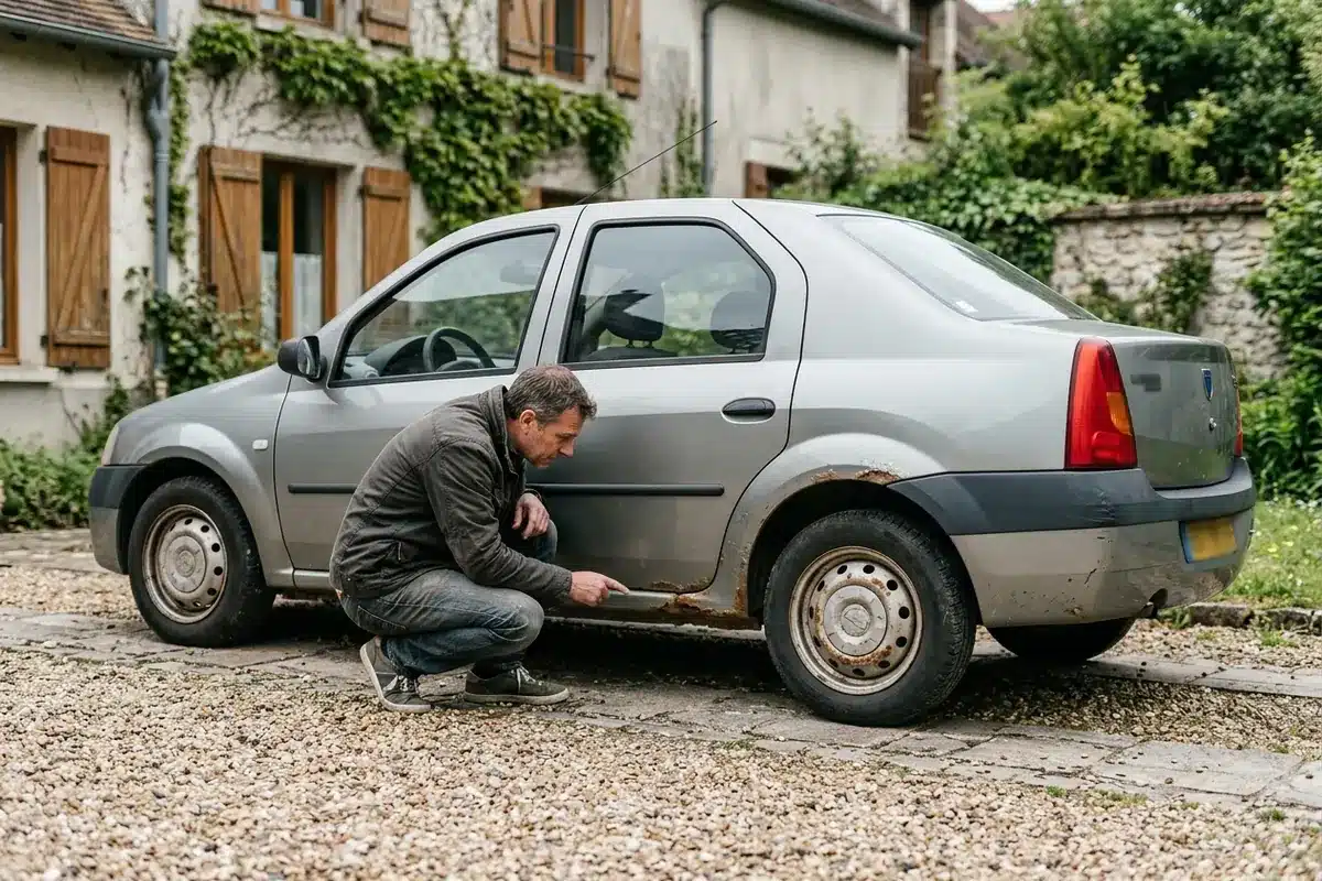 Inspection de corrosion sur le bas de caisse et le passage de roue d’une Dacia Logan I.