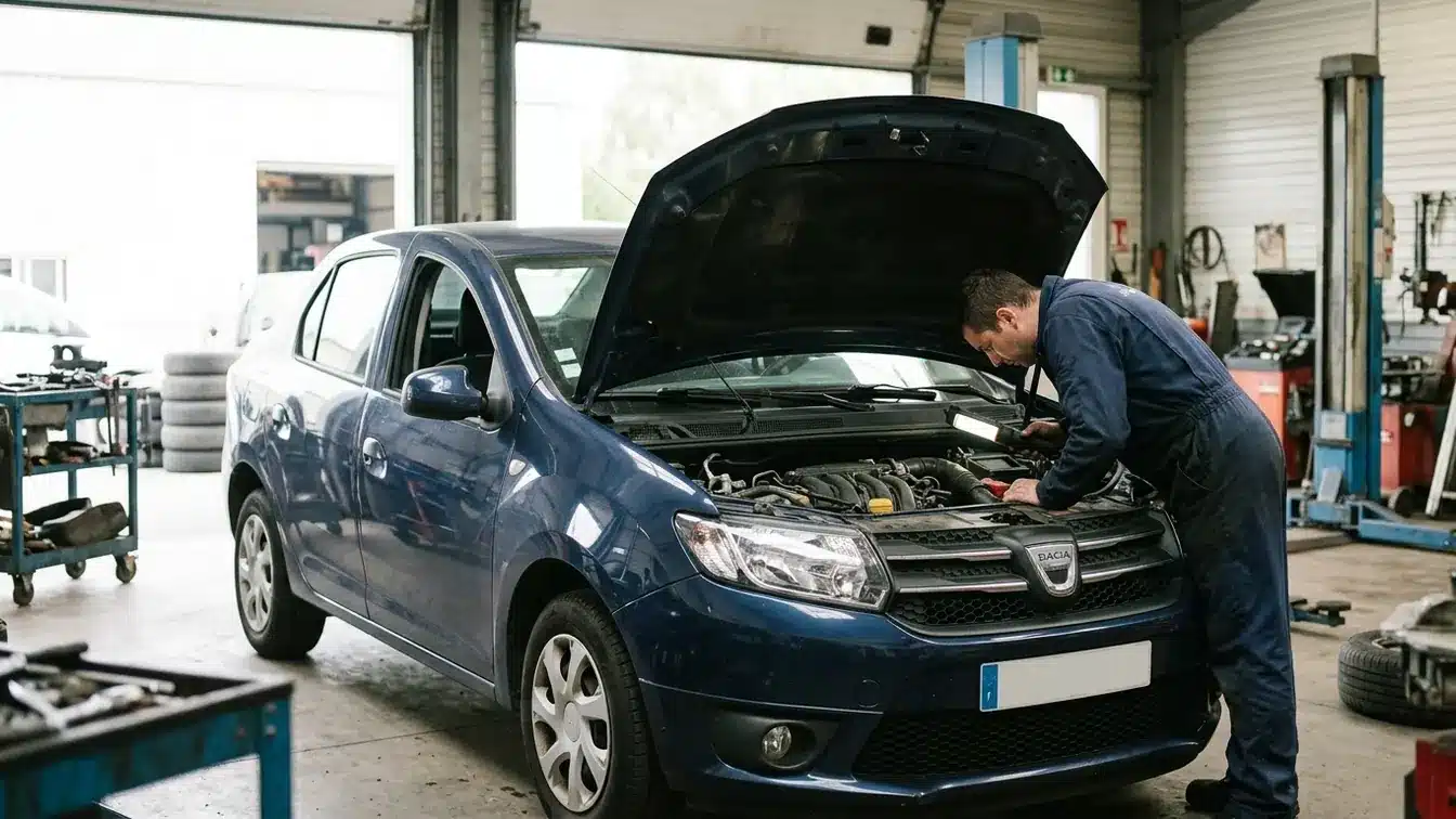 Une Dacia Logan II d’occasion examinée sous le capot lors d’un contrôle mécanique.