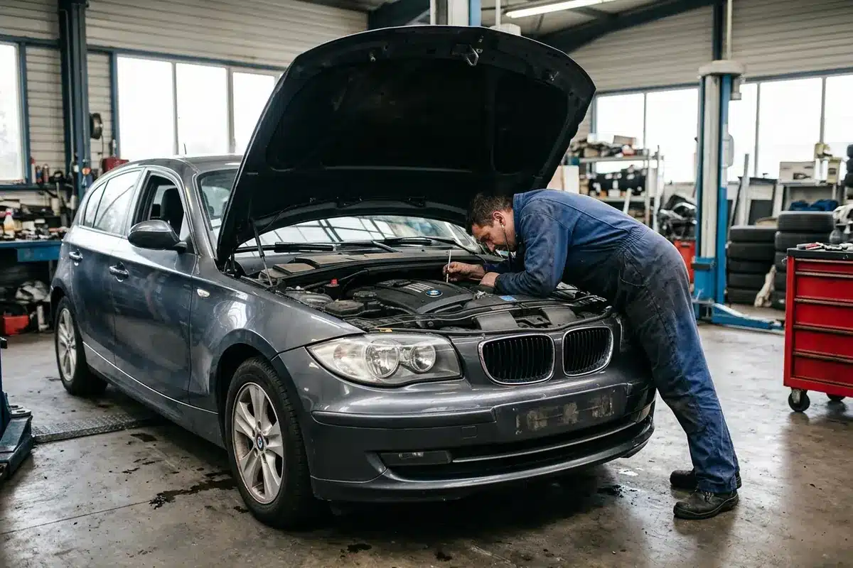 Un mécanicien écoute le moteur N47 à froid pour repérer un bruit de chaîne sur une BMW 118d E87