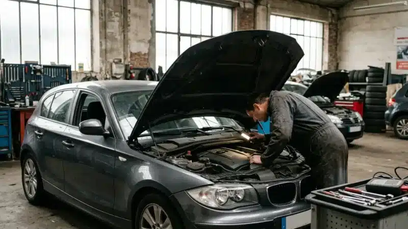 BMW Série 1 118d 143 ch E87 examinée capot ouvert dans un garage avant achat