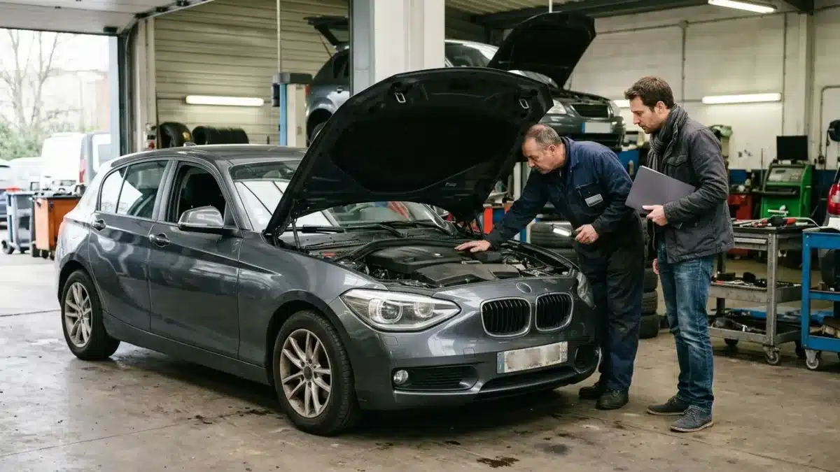Inspection d’une BMW Série 1 F20 phase 1 d’occasion, avec le capot ouvert