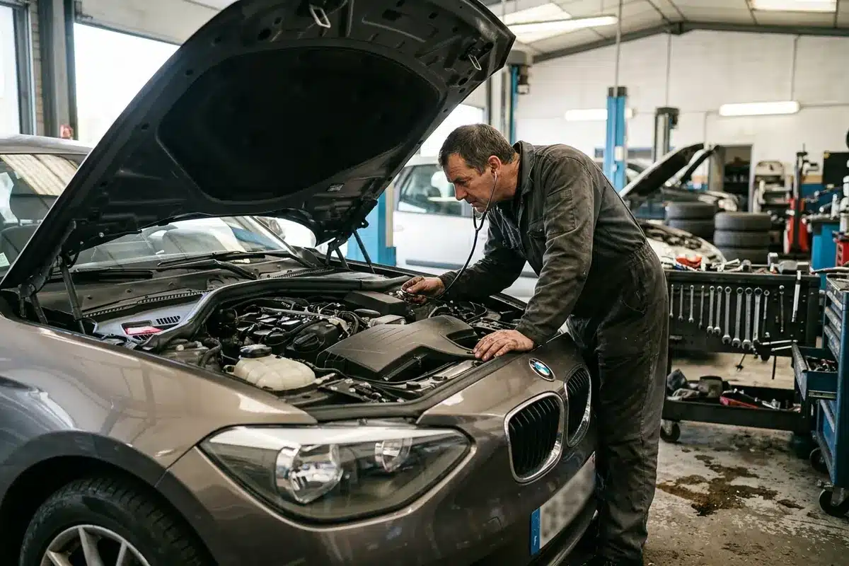 Un mécanicien écoute le moteur d’une BMW 118d F20 lors d’un démarrage à froid