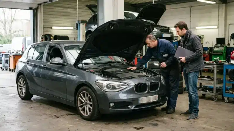 Inspection d’une BMW Série 1 F20 phase 1 d’occasion, avec le capot ouvert