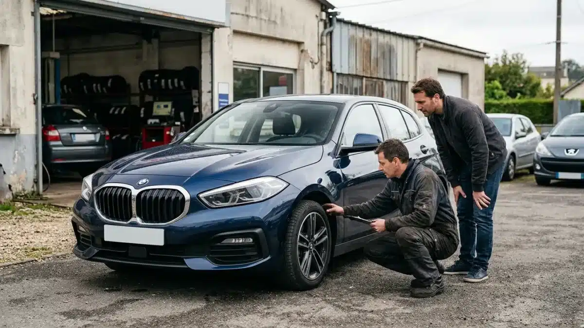 Un acheteur examine une BMW Série 1 F40 d’occasion avec un mécanicien.