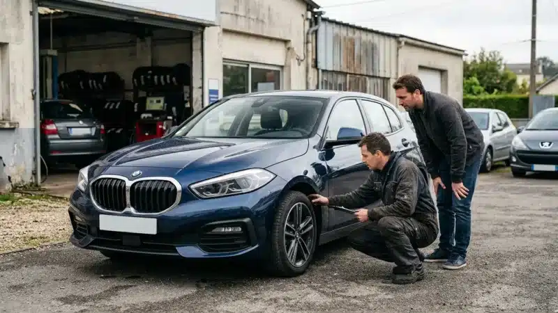 Un acheteur examine une BMW Série 1 F40 d’occasion avec un mécanicien.