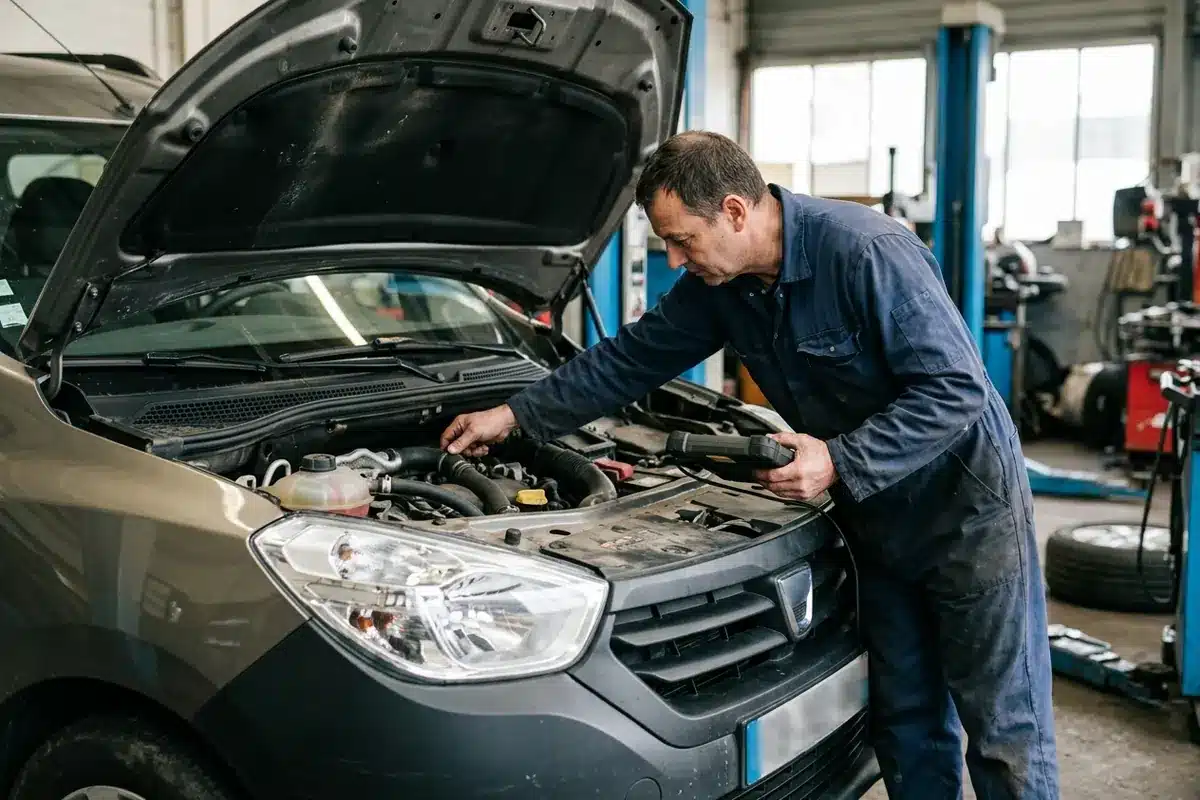 Contrôle des durites et du liquide de refroidissement sur un Dacia Dokker 1.3 TCe 130 d’occasion.