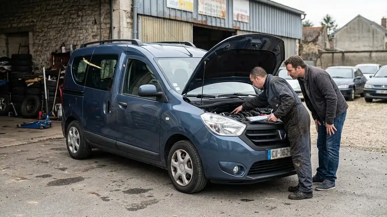 Un Dacia Dokker 1.3 TCe 130 d’occasion inspecté devant un garage, avec sa carrosserie haute et sa porte coulissante.
