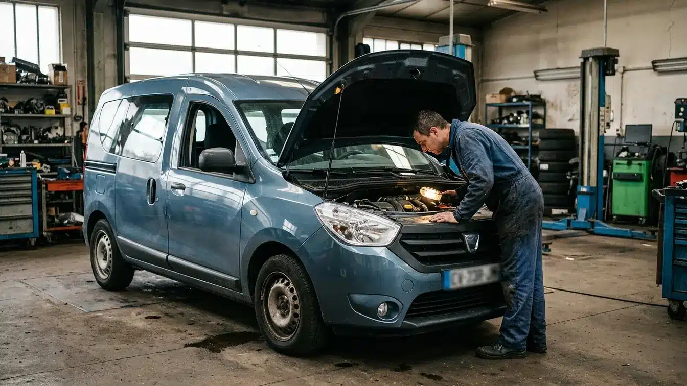 Un Dacia Dokker 1.5 dCi 90 contrôlé dans un garage avant un achat d’occasion.
