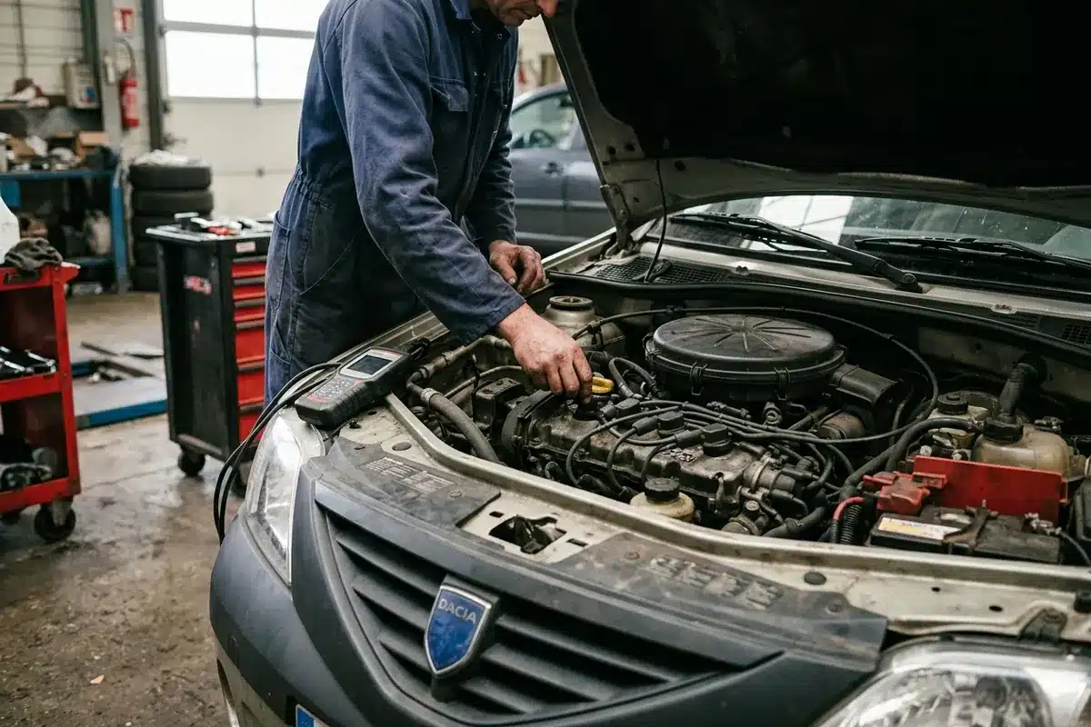Un mécanicien vérifie l’allumage d’une Dacia Logan 1.4 MPI