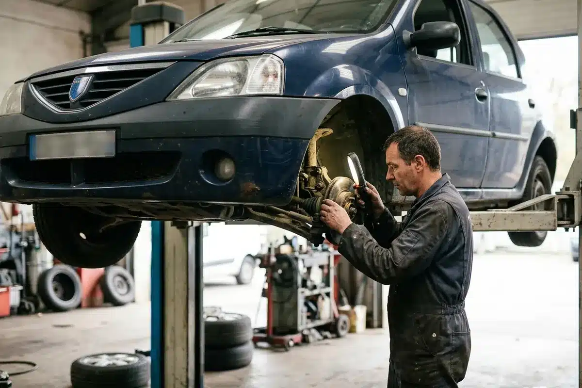 Contrôle du train avant d’une Dacia Logan 1.5 dCi 70 avant un achat d’occasion.