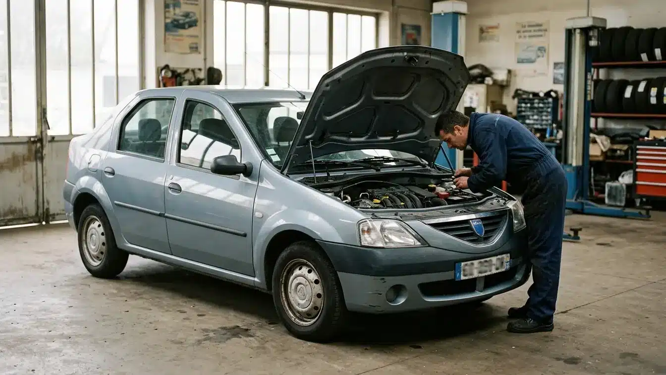 Une Dacia Logan 1.5 dCi 70 d’occasion, capot ouvert pour un contrôle mécanique.