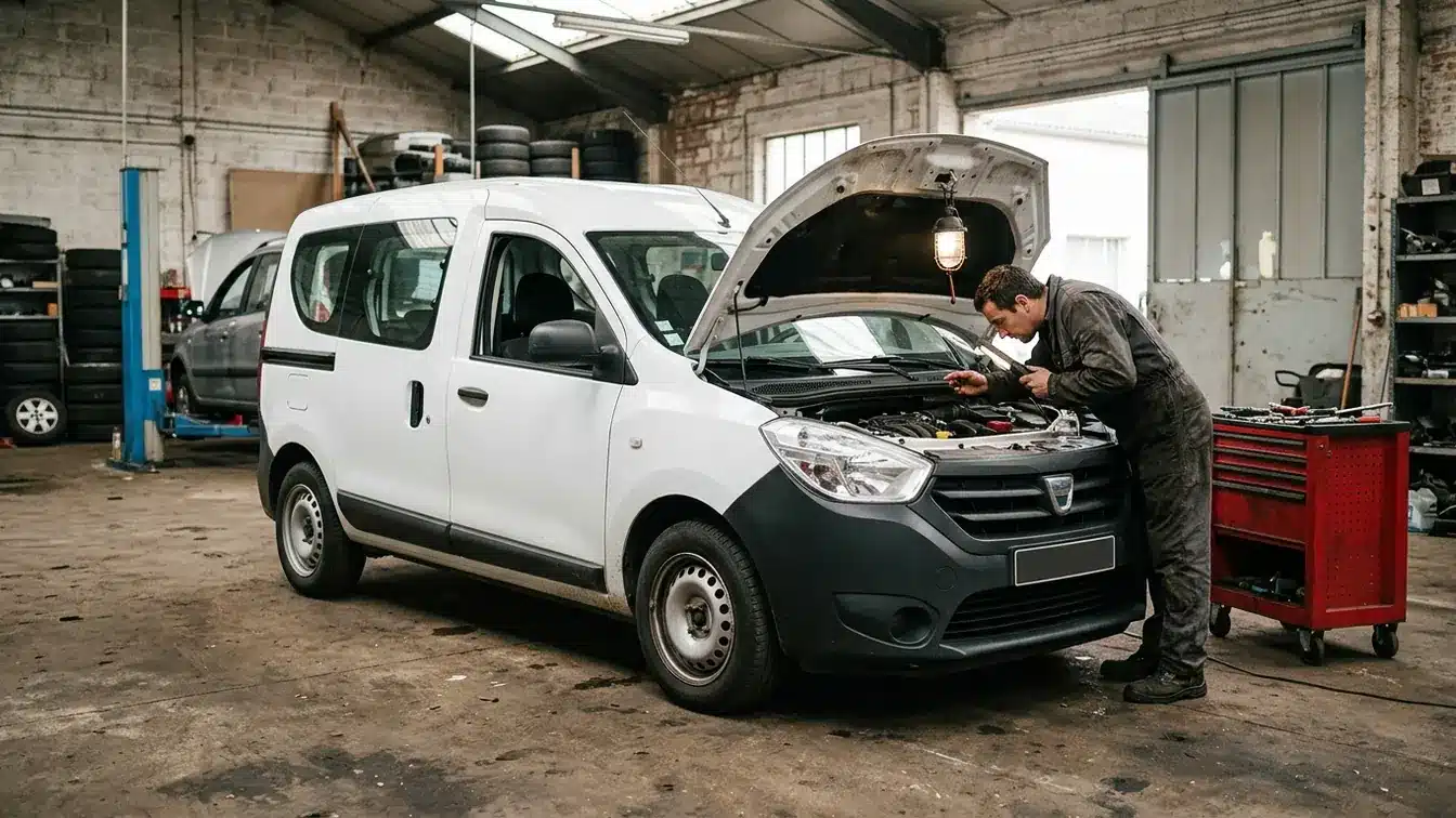Un Dacia Dokker 1.6 MPI 85 d’occasion inspecté dans un garage français.