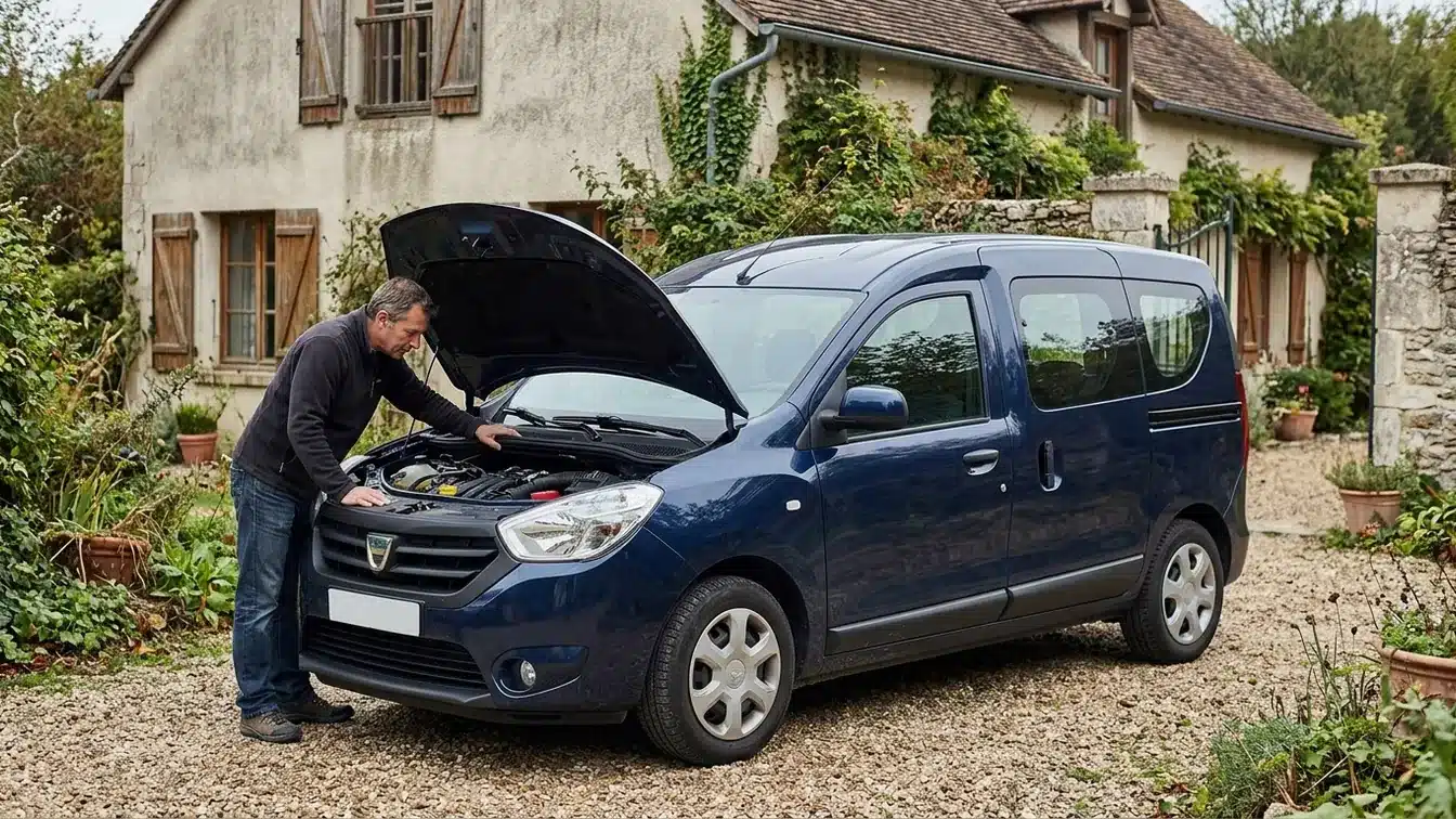 Un Dacia Dokker 1.2 TCe 115, capot ouvert, lors d’un contrôle moteur avant achat