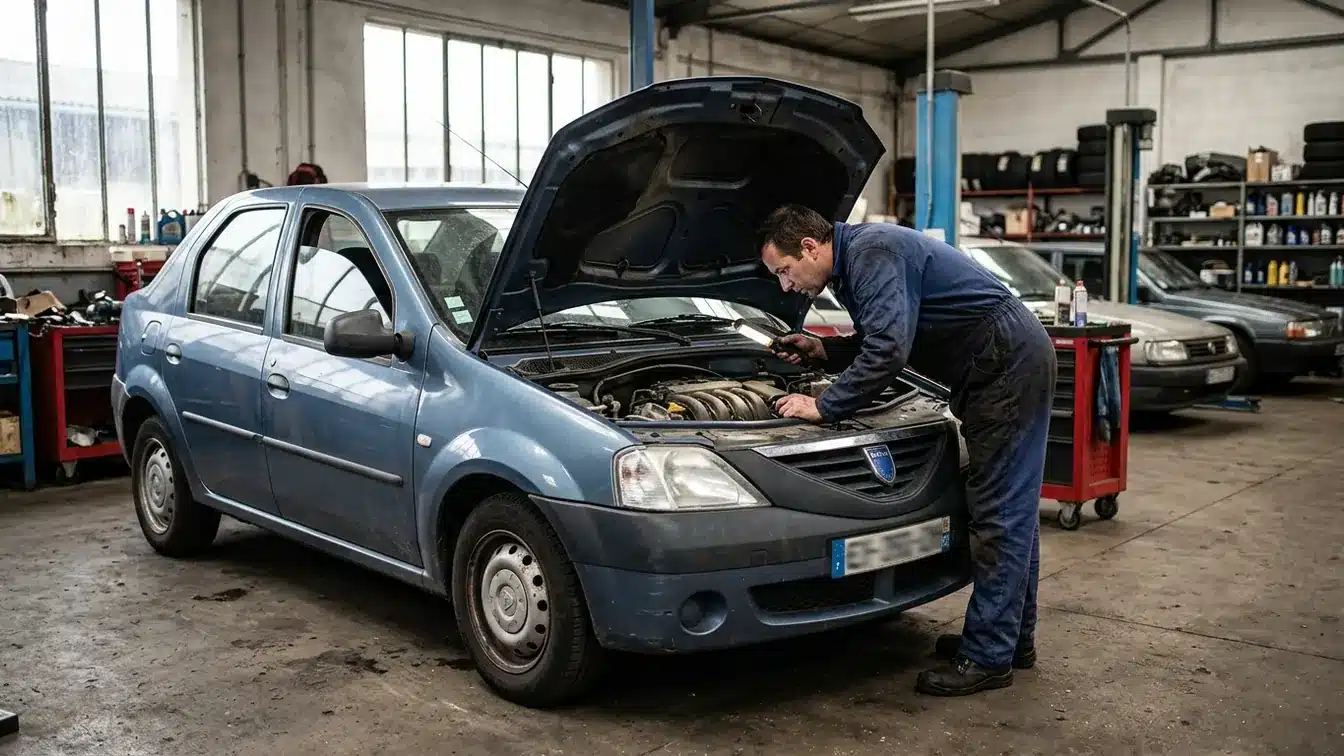 Une Dacia Logan 1.2 16V 75 examinée dans un garage avant achat.
